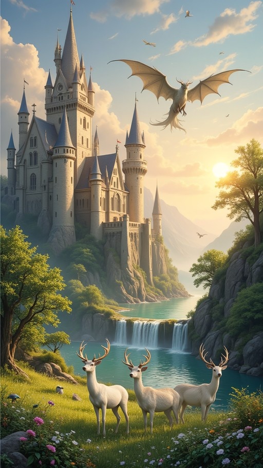 A white dragon flies over a fantasy castle on a cliff while three white deer stand in a grassy field near a waterfall.