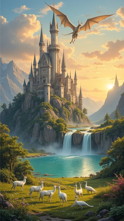 A majestic stone castle with tall spires sits on a rocky cliff above a turquoise lake and waterfall. In the foreground, a herd of white deer stands in a grassy field while a dragon flies near the castle towers against a cloudy sunset sky.