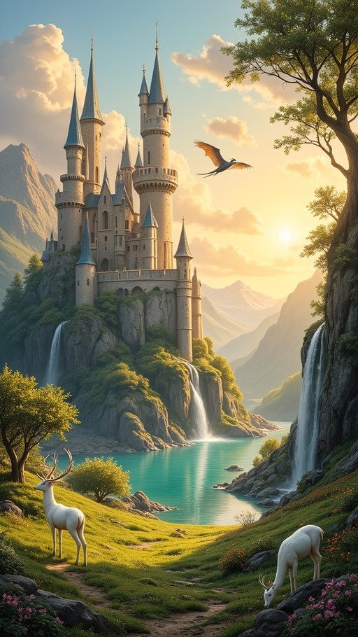 A digital painting of a fantasy castle on a cliff with waterfalls, a flying dragon, and two white deer in a grassy meadow.