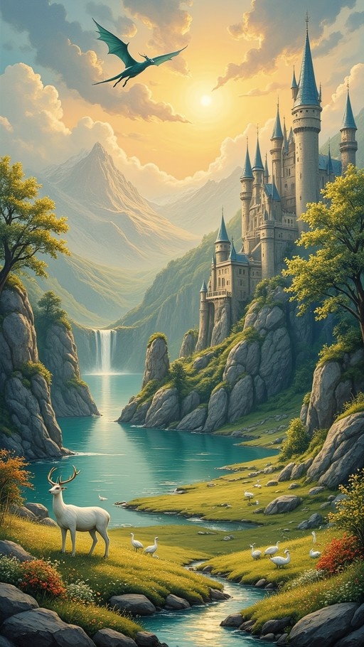 A fantasy illustration of a castle on a cliff with a white stag in the foreground and a dragon flying overhead against a sunset sky.