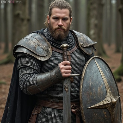 A realistic portrait of a bearded warrior in chainmail armor holding a sword and shield in a forest.