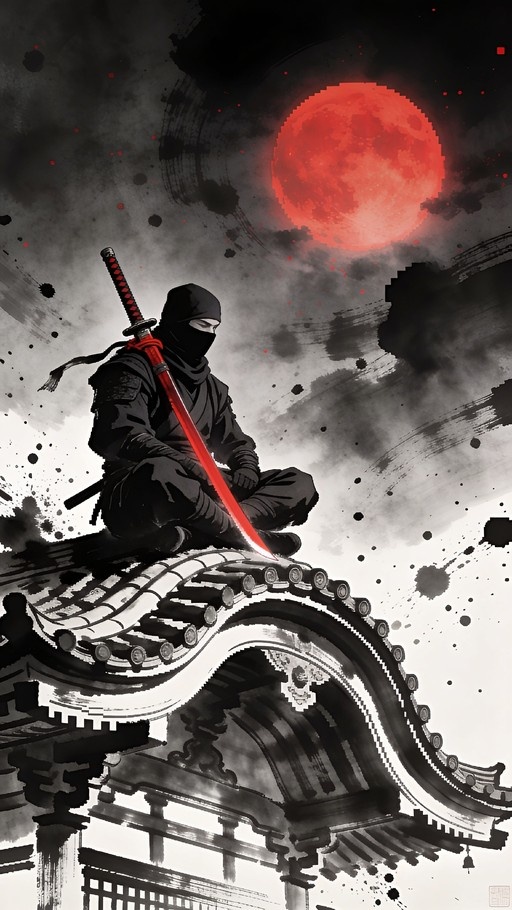 A masked ninja sits cross-legged on a curved tiled roof holding a glowing red katana under a large pixelated red moon in a black and white ink-wash style.