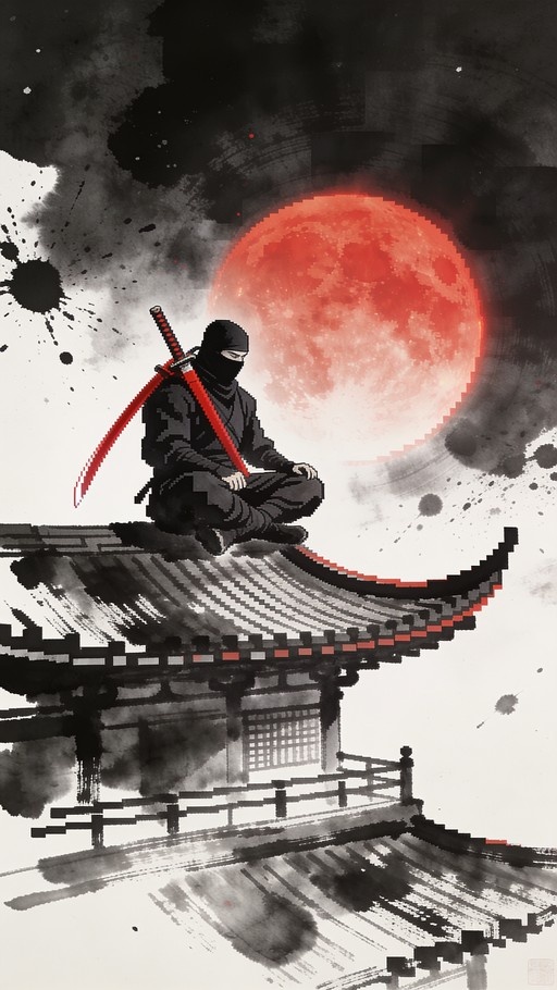 A pixel-art ninja sits cross-legged on a curved roof holding a red katana against a large red moon and ink splatter background.