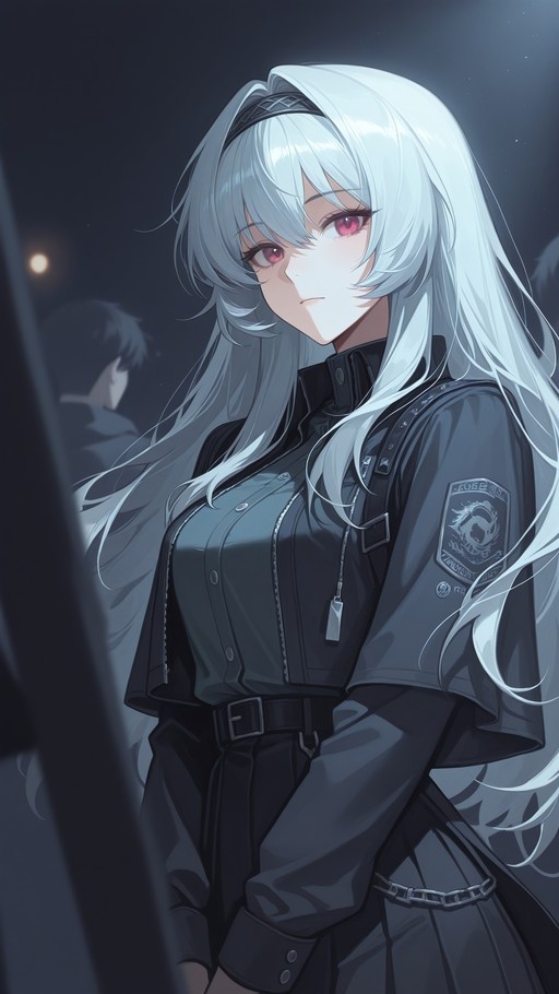 Anime girl with long white hair and red eyes wearing a black military jacket at night