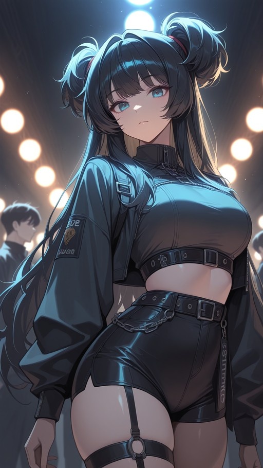 An anime girl with long dark hair in twin buns and blue eyes wearing a black cropped jacket and high-waisted shorts with a chain belt against a background of blurred lights.
