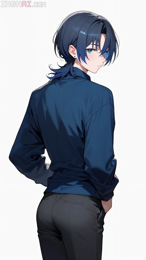 An anime girl with short blue hair and a blue shirt looks over her shoulder at the viewer while standing with one hand in her pocket.
