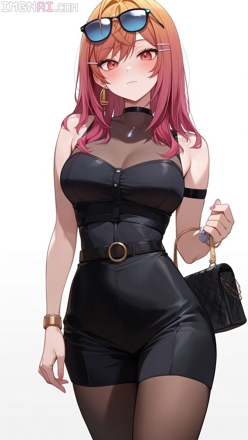 Anime-style illustration of Ichijou Ririka with gradient orange and pink hair, wearing a black bodysuit with sheer neckline, sunglasses on her head, holding a black handbag.