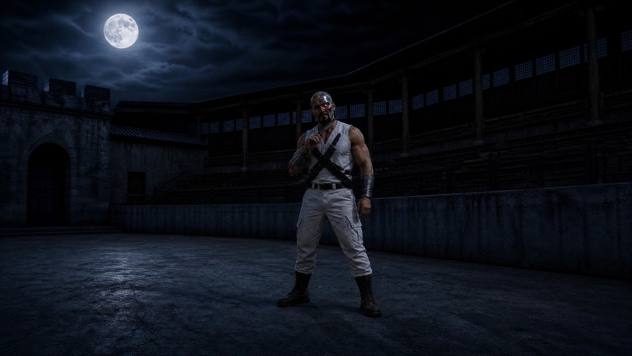 A bald man with a metallic face plate and glowing red eye stands in a fighting stance in a stone courtyard at night under a full moon, wearing white pants and holding a knife.