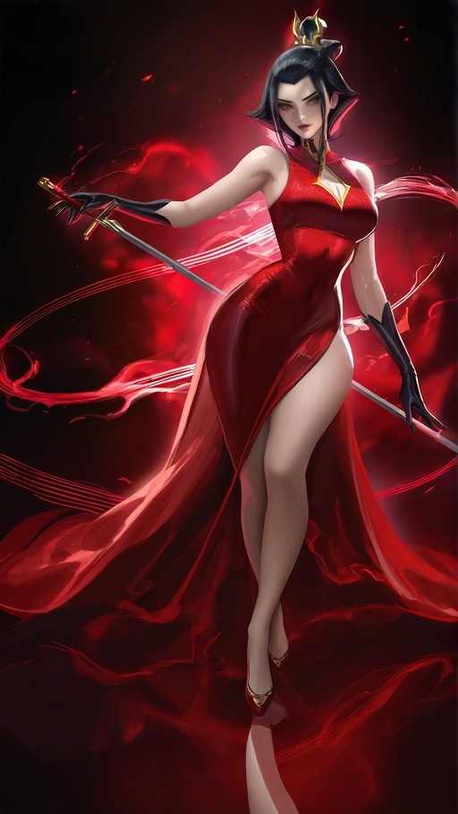 A female warrior in a red cheongsam dress holding a sword against a dark background with red energy.