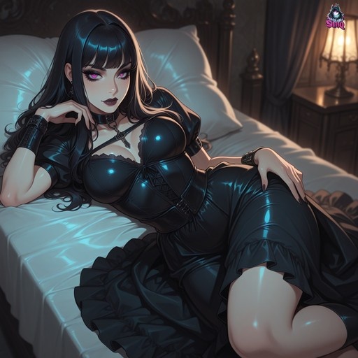 Digital illustration of an anime woman with long black hair and pink eyes lying on a bed in a shiny black goth dress.