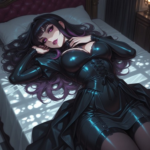 A woman with long dark hair and purple highlights lies on a bed wearing a shiny black corset dress.