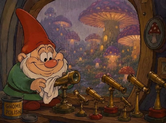 A monochrome digital animation of an elderly bearded man in a red hat holding binoculars near a window with rain and trees outside.