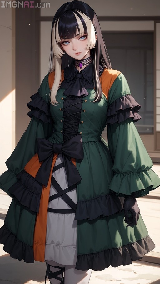 Juufuutei Raden in a green gothic lolita dress with orange accents and black ruffles