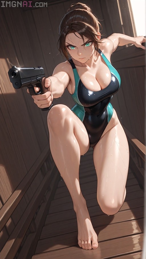 Lara Croft in a black and teal swimsuit kneels on a wooden deck, aiming a pistol forward with a focused expression.