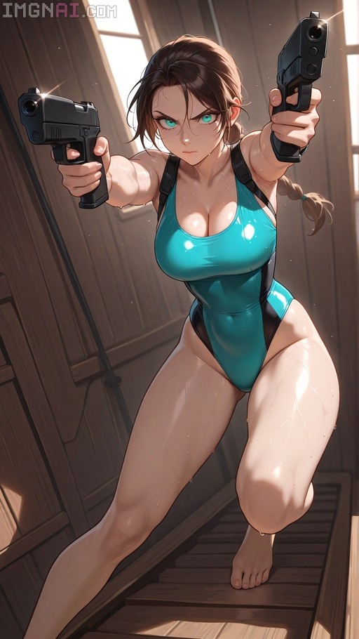 Lara Croft in a teal swimsuit aiming two guns at the viewer on wooden stairs.
