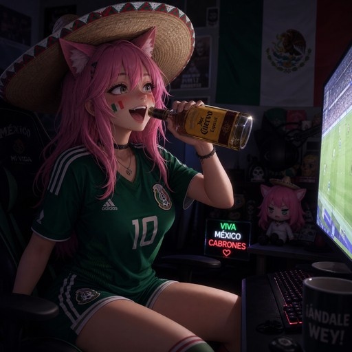 Anime-style girl with pink hair and cat ears wearing a green Mexico soccer jersey and sombrero, drinking from a tequila bottle while sitting at a computer.