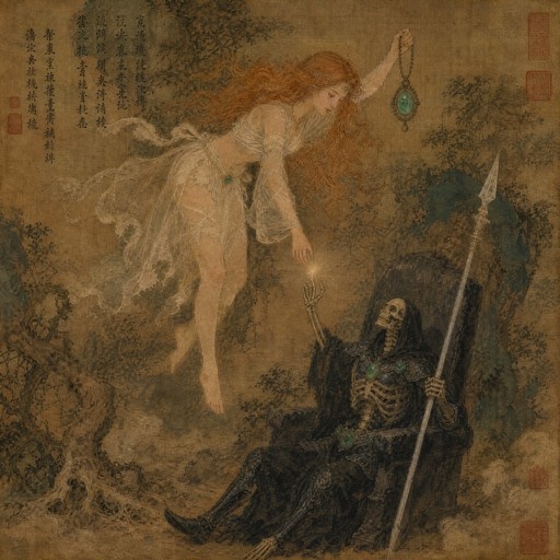 A red-haired female spirit floats above a seated armored skeleton king holding a spear, offering him a green pendant while their fingers almost touch in a style resembling traditional Asian ink painting.