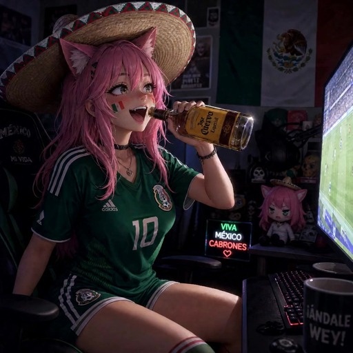 A pink-haired anime cat girl in a green soccer jersey sits at a computer desk holding a bottle and smiling.