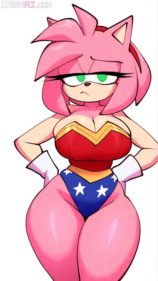 Pink-furred Amy Rose from Sonic the Hedgehog posing in a Wonder Woman-style red and blue superhero costume with white gloves.