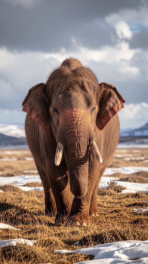 A close-up view of a large, hairy elephant with long tusks walking towards the camera through a grassy field with patches of snow under a cloudy sky.