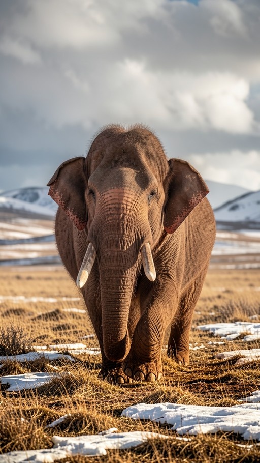 A realistic digital illustration of a woolly mammoth walking towards the viewer in a grassy field with snow patches and mountains in the background.