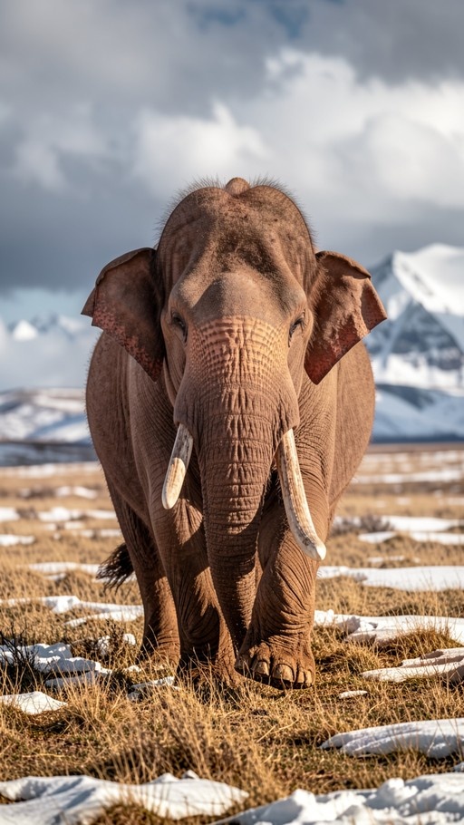 A realistic image of a large, hairy elephant walking towards the viewer in a grassy field with patches of snow and mountains in the background.