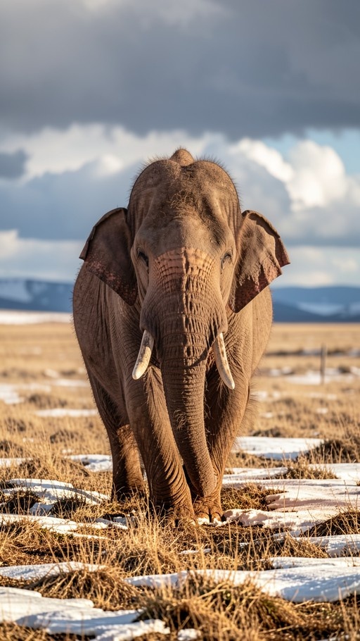 A full-body view of an elephant with tusks walking towards the camera in a grassy field with melting snow under a cloudy sky.