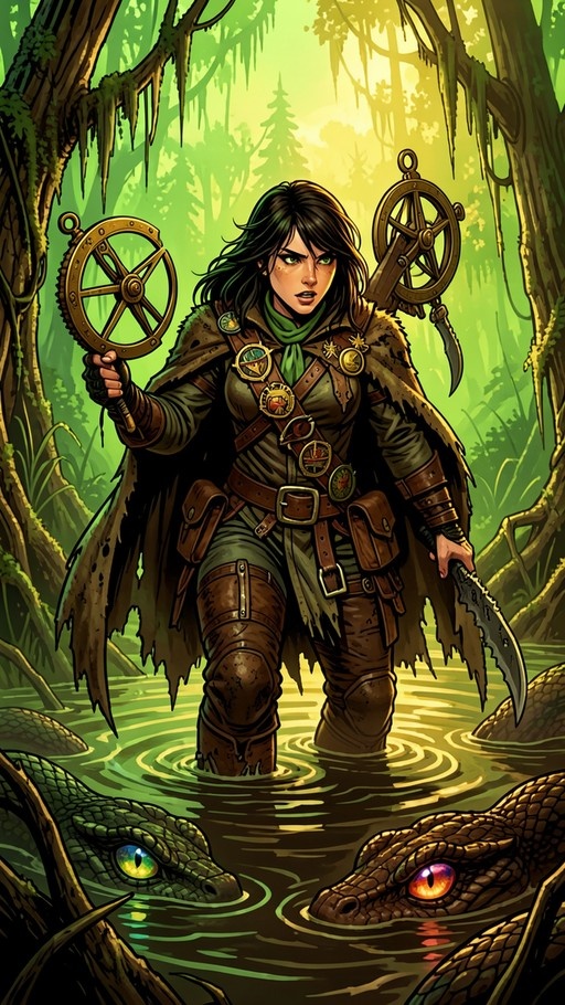 A digital illustration of a female fantasy ranger wading through a swamp, holding a brass compass and a machete as two large snake heads emerge from the water in the foreground.