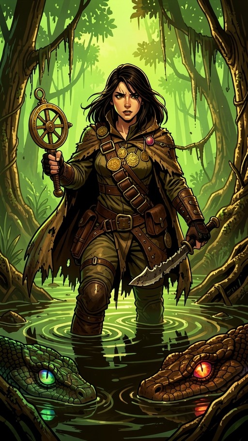 A dark-haired female adventurer in a tattered brown cloak stands waist-deep in murky swamp water holding a large brass compass and a serrated knife while two reptilian heads emerge from the foreground.