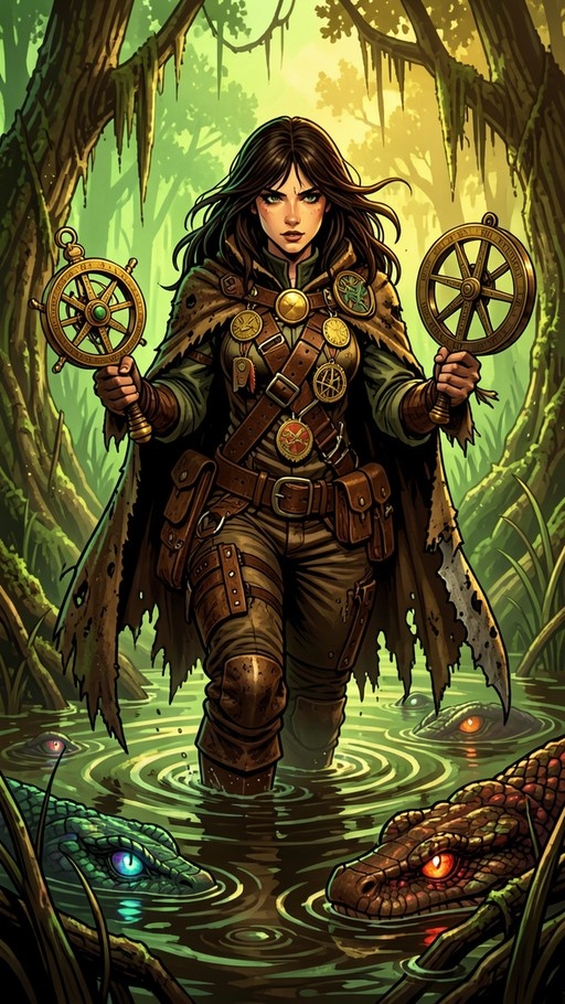 A female fantasy adventurer in a tattered cloak wades through swamp water holding golden wheel artifacts while snakes swim nearby.