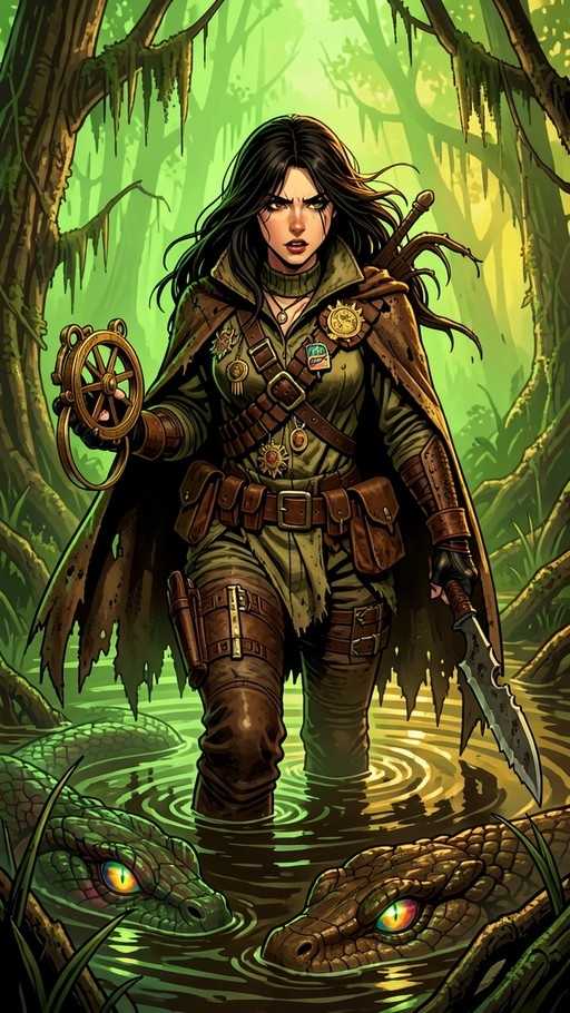 A dark-haired woman in a tattered cloak and leather boots stands in green swamp water holding a compass and a large knife, with two large snake heads emerging near her legs.