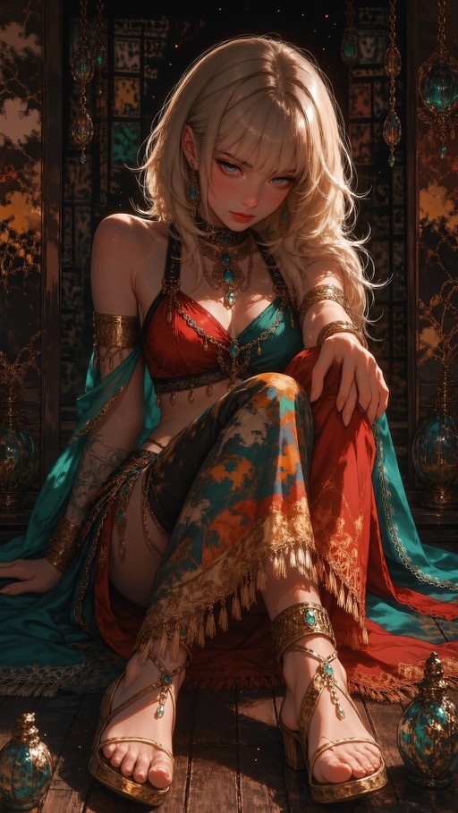 A blonde woman with blue eyes sits on a wooden floor wearing a red and teal halter top, sheer skirt, and gold jewelry in a lantern-lit room.