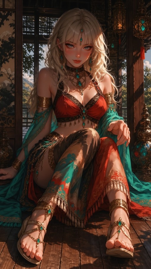 A blonde fantasy woman in a red top and teal harem pants sits on a wooden floor, wearing gold jewelry and ornate sandals.