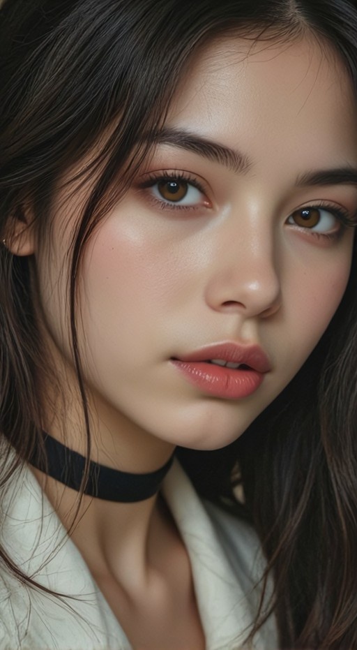 Close-up portrait of a young woman with brown eyes and long dark hair wearing a black choker and white collared shirt.