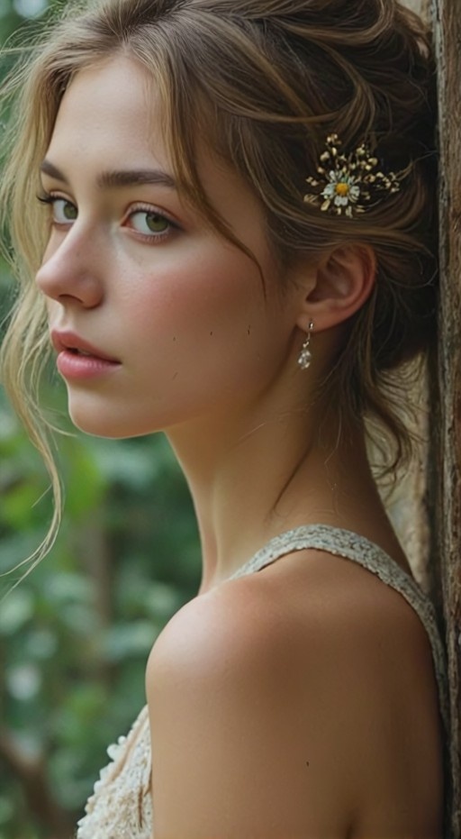 A realistic portrait of a young woman with brown hair and green eyes leaning against a tree, wearing a white lace top and a daisy hair ornament.