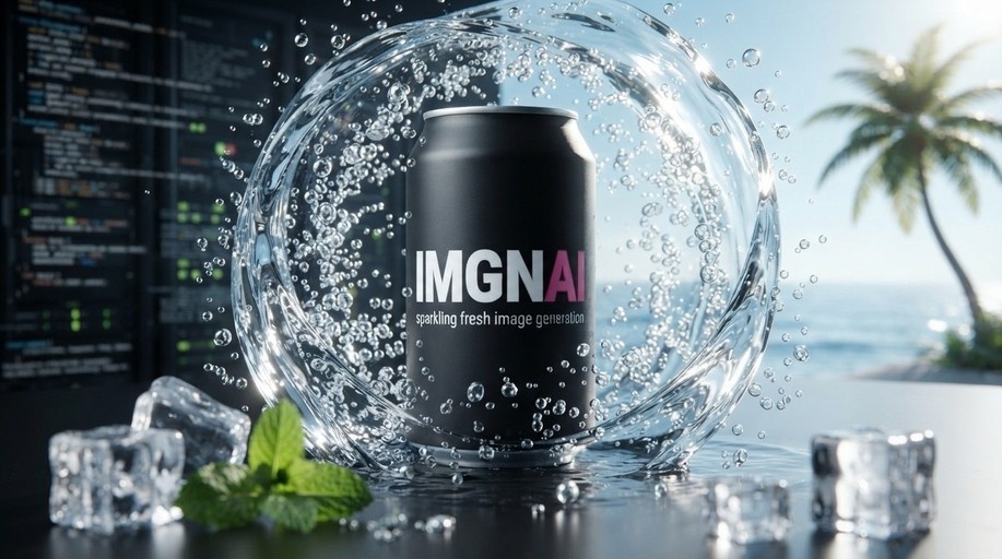 A black beverage can labeled with white and pink text sits on a table with ice and mint, surrounded by a sphere of water bubbles, with computer code and a beach in the background.