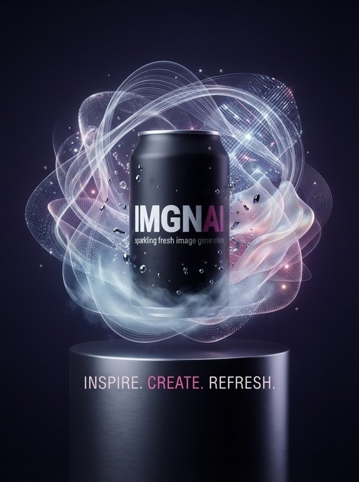 A black soda can with a logo sits on a pedestal surrounded by swirling white and purple energy effects and bubbles.