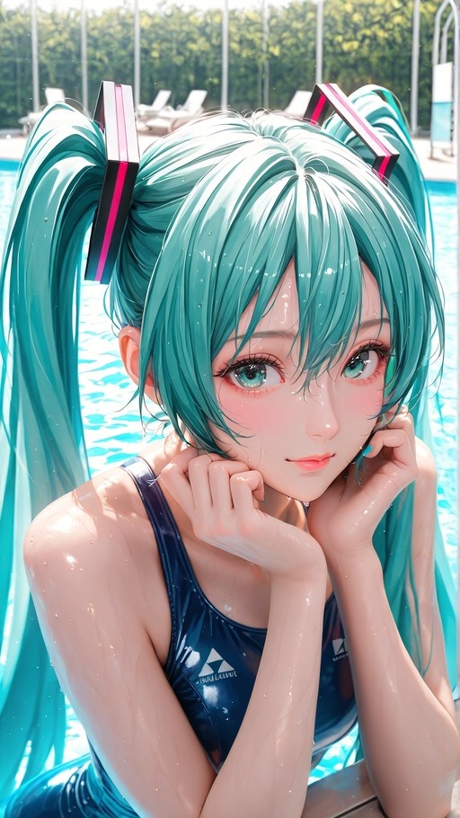 Hatsune Miku in a wet blue one-piece swimsuit resting her chin on her hands by a pool.
