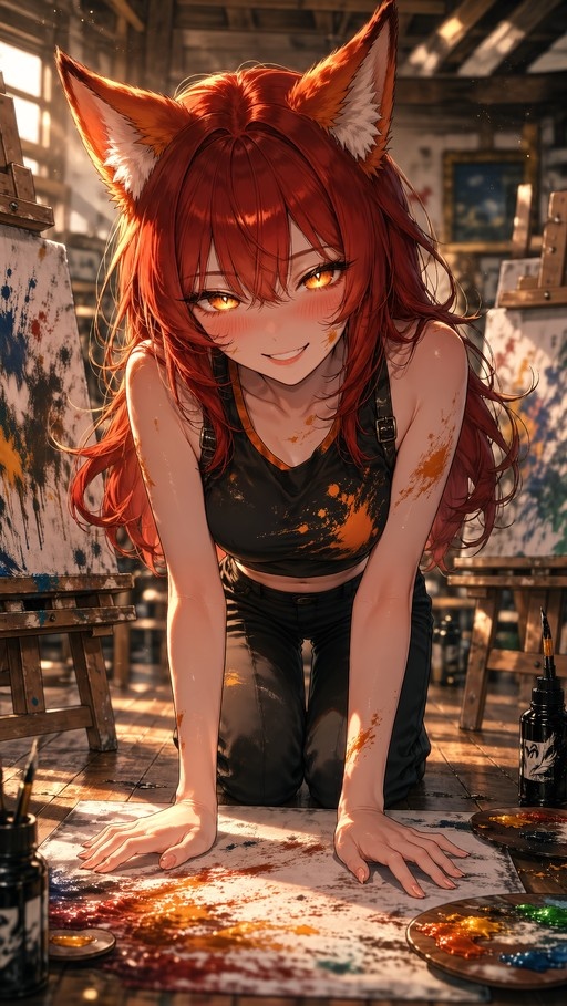 Red-haired anime girl with large fox ears kneels on a paint-splattered floor in an art studio, smiling at the viewer.