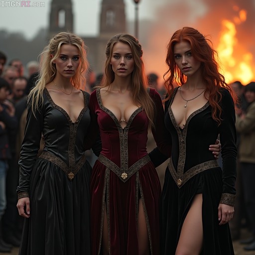 Three women in medieval gowns standing near a large fire with a crowd in the background.