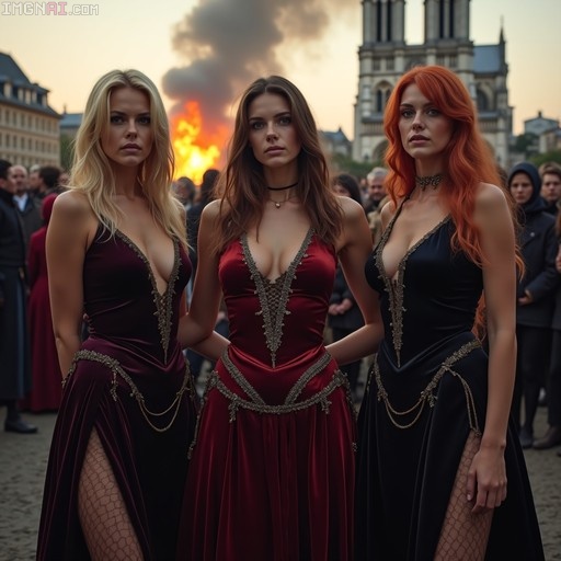 Three women in velvet dresses watching a fire burn near Notre-Dame Cathedral.