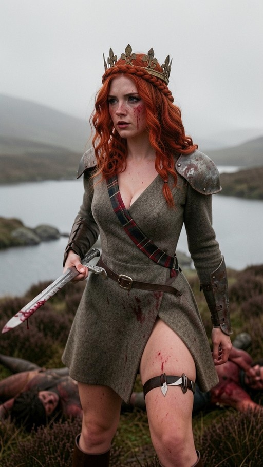 Red-haired woman wearing a crown and medieval armor holds a bloodied sword while standing near fallen bodies in an outdoor landscape.