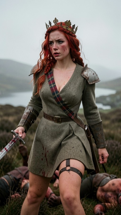 A red-haired woman in a green dress and metal shoulder armor stands holding a bloody sword, wearing a crown with her hair in braids, looking concerned amidst a misty outdoor landscape with fallen bodies nearby.