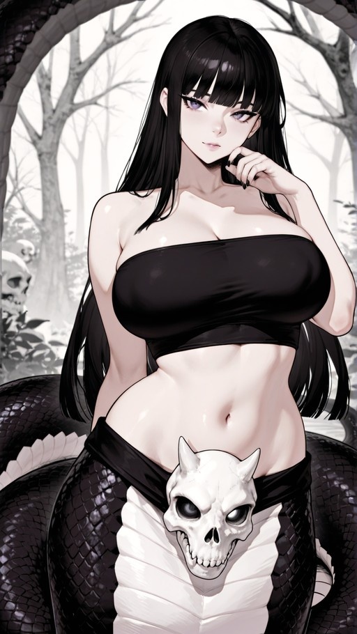 A digital illustration of a lamia with long black hair and purple eyes, wearing a black tube top and featuring a large horned skull at the base of her snake tail in a misty forest setting.