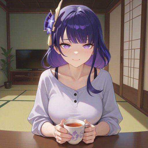 Raiden Shogun from Genshin Impact with long purple hair and purple eyes sits at a table in a Japanese-style room, smiling while holding a white mug of tea.