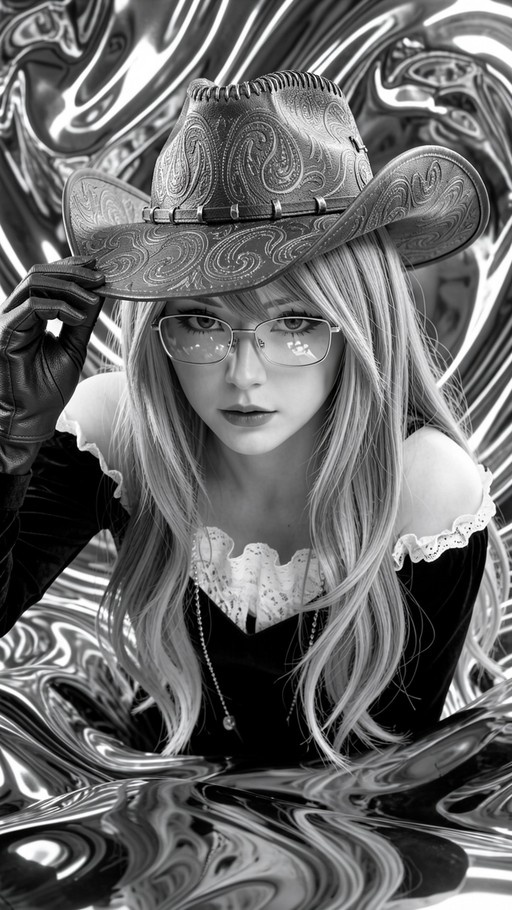 A black and white image of a young woman with long hair and glasses wearing a cowboy hat and holding the brim with a gloved hand against a swirling metallic background.