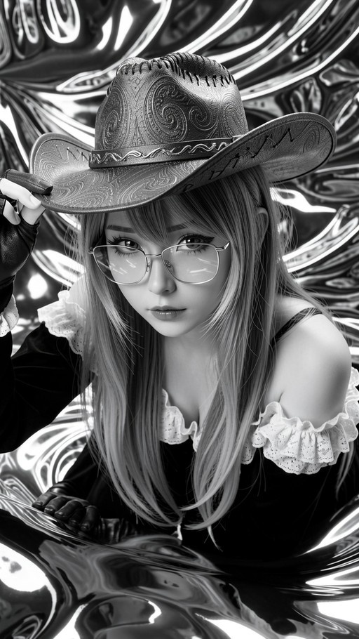 Monochrome portrait of a woman with long hair wearing glasses and a cowboy hat, holding the brim with a gloved hand against a shiny metallic background.