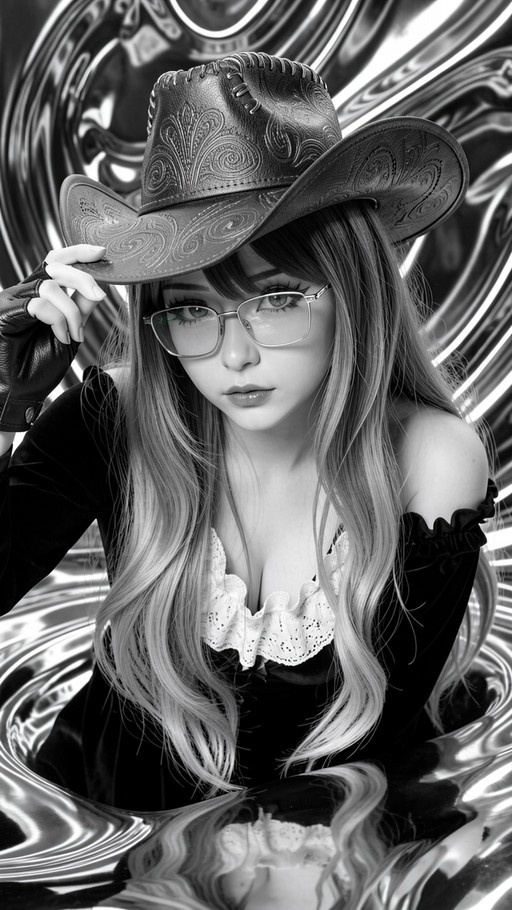 A monochrome portrait of a woman in a cowboy hat and glasses holding the brim of her hat against a swirling metallic background.