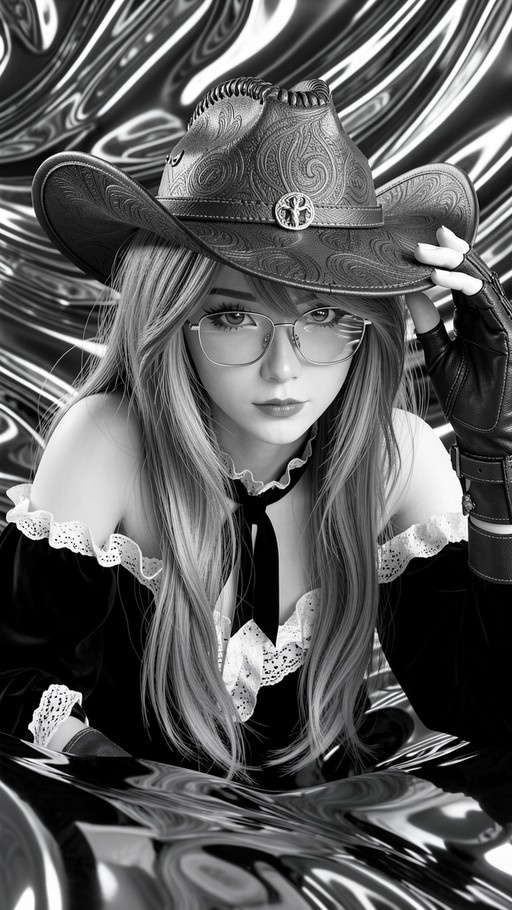 Monochrome digital portrait of a woman with long hair wearing a patterned cowboy hat and glasses, tipping the brim with a gloved hand against a swirling metallic background.