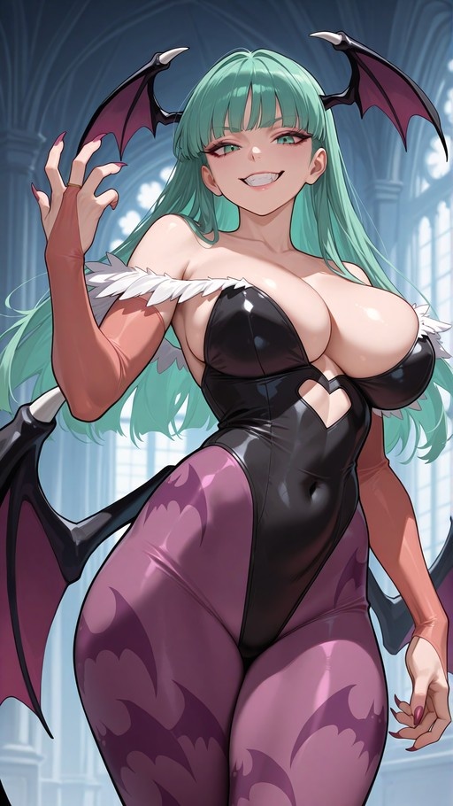 Morrigan Aensland with long green hair and bat wings wearing a black strapless leotard and purple bat-print tights while smiling at the viewer.